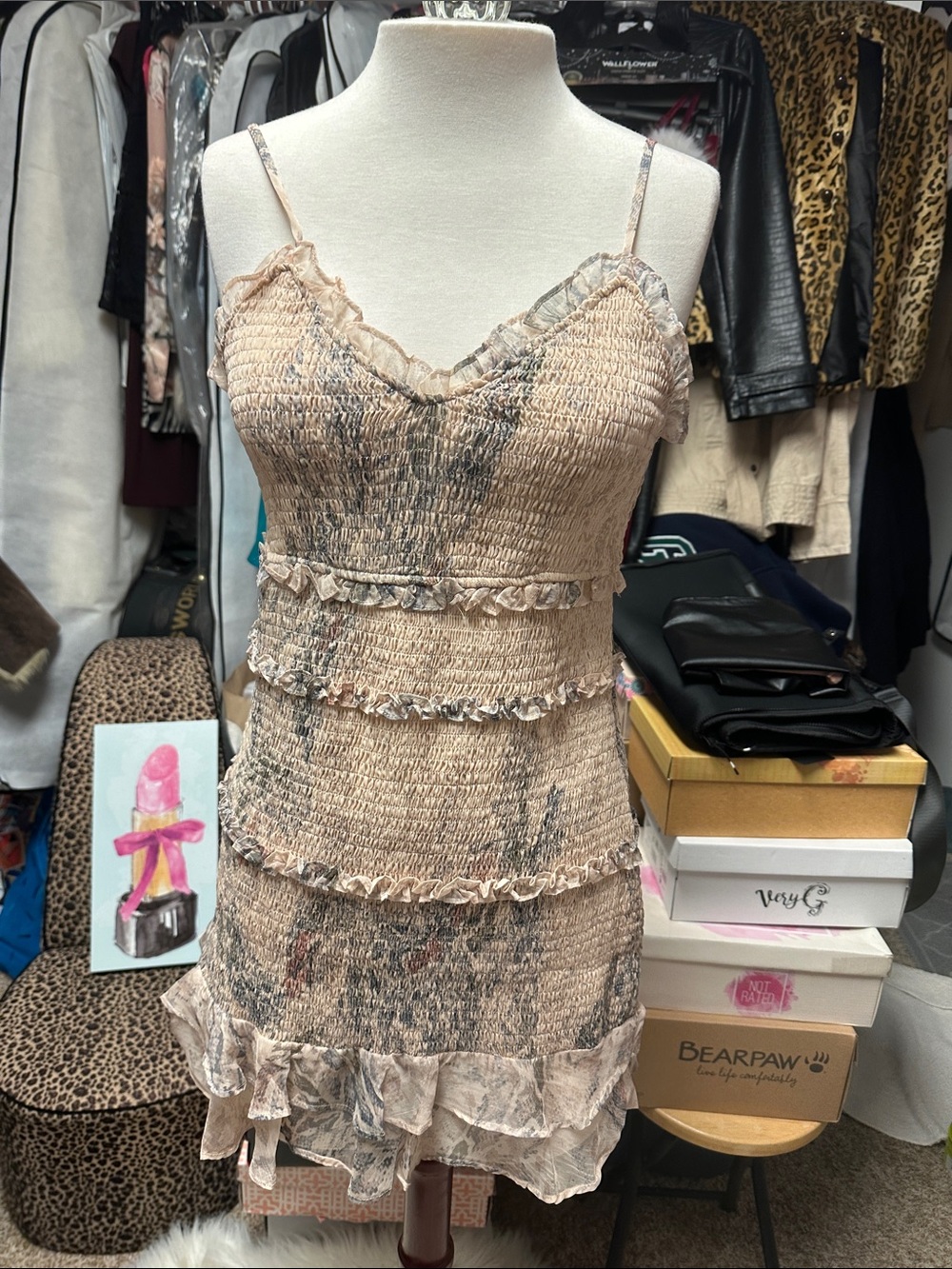 Beige Ruffled Smocked Slip Dress - Unbranded
